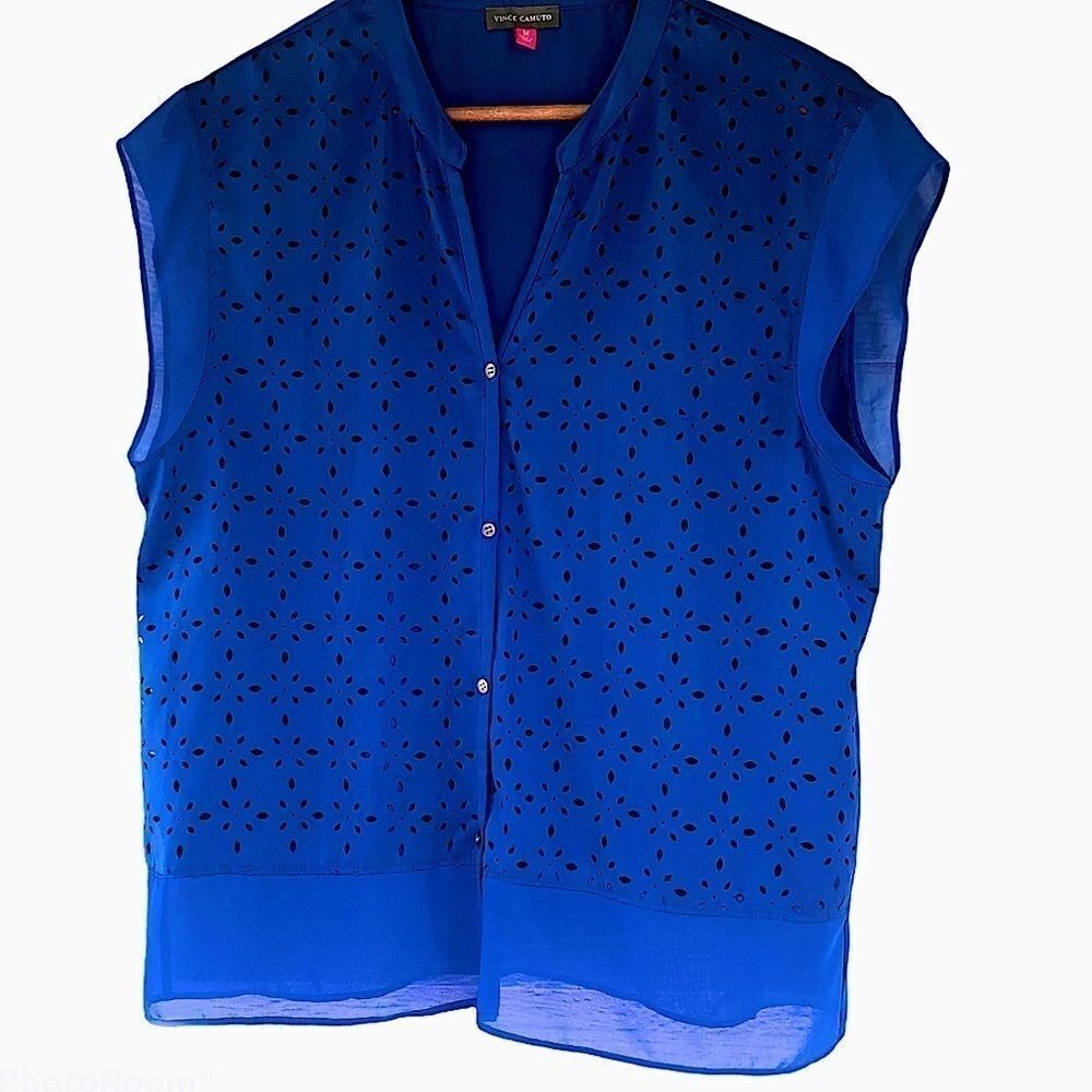 Vince Comuto Royal blue laser cut button up sheer sleeveless v neck Blouse -M